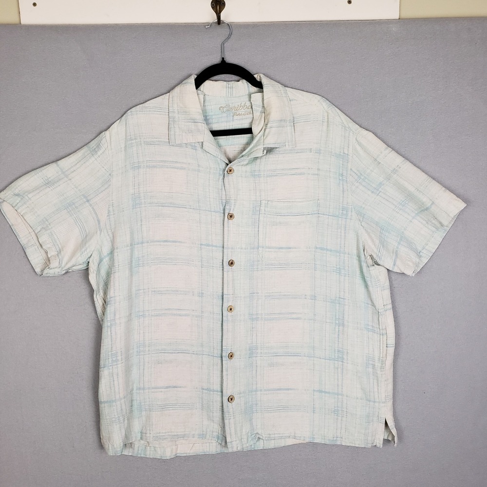 Caribbean Pure Silk Button Up White Blue Summer Beachy Resortwear Preppy Size XL